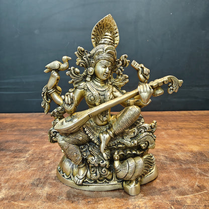 Brassaura® Brass Goddess Saraswati Idol with Veena | Antique Finish Saraswati Murti for Home Temple, Study Room, Office & Spiritual Décor | 11 Inches | 6 Kg