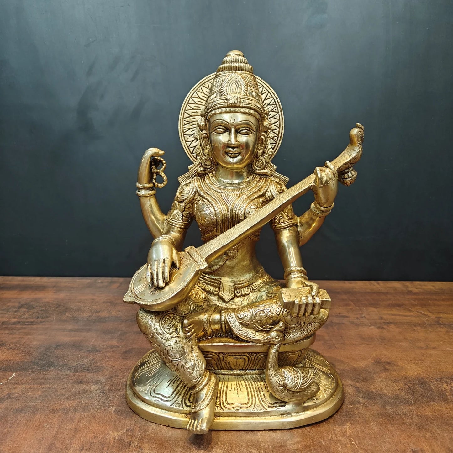 Brassaura® Brass Goddess Saraswati Statue | Seated Maa Saraswati Idol with Veena | Divine Brass Sculpture for Knowledge, Wisdom & Home Temple Décor | 15 Inches | 13 Kg