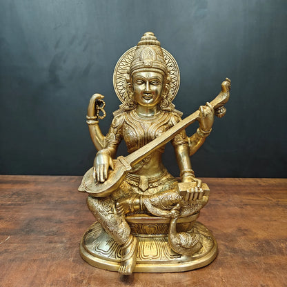 Brassaura® Brass Goddess Saraswati Statue | Seated Maa Saraswati Idol with Veena | Divine Brass Sculpture for Knowledge, Wisdom & Home Temple Décor | 15 Inches | 13 Kg