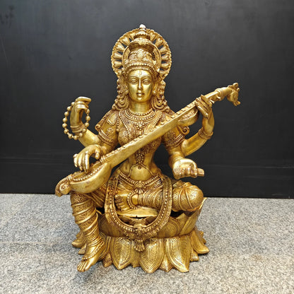Brassaura® Brass Goddess Saraswati Statue with Veena | Maa Saraswati Idol for Home Temple, Study Room & Spiritual Décor | Handcrafted Brass Murti | 27 Inches | 35 Kg