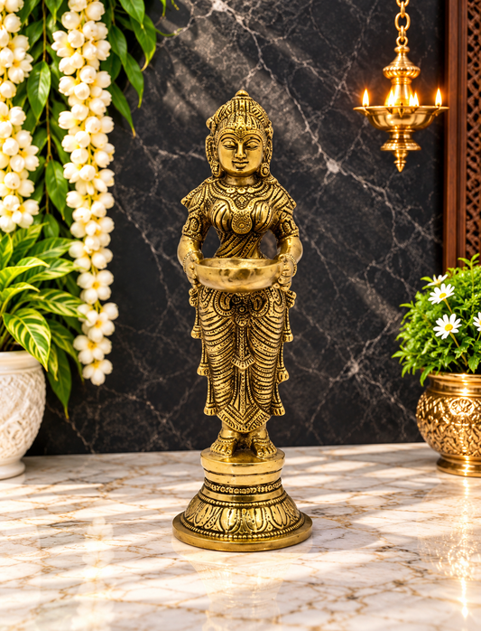 Brassaura® Brass Deep Lakshmi Idol | Pure Superfine Brass Handcrafted Murti | Brass Statue for Home Temple, Pooja Room | Height 11.2 Inches | Weight 1.7 Kgs