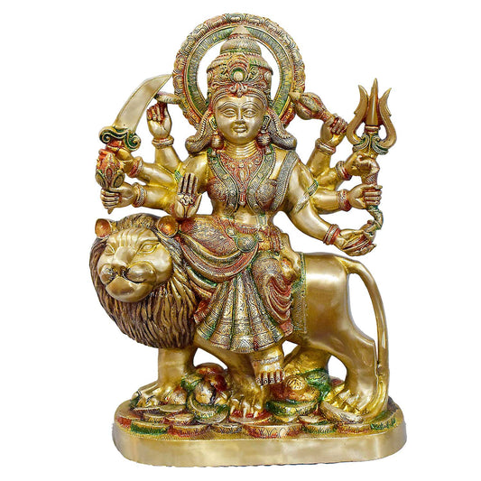 Brassaura® Brass Durga Statue Seated on Lion | Height 25.19 Inches