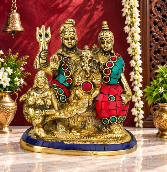 Brassaura® Brass Shiv Parivar Statue with Multicolor Stonework Finish | Pure Superfine Brass Handcrafted Murti | Brass Statue for Home Temple, Pooja Room | Height 5 Inches | Weight 1.1 Kgs
