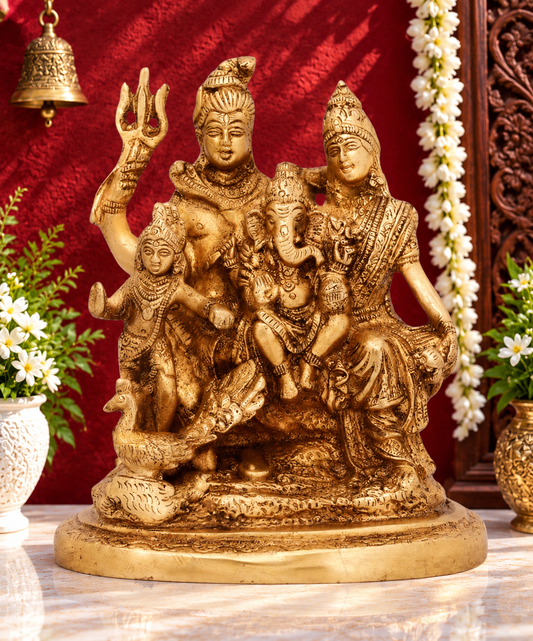 Brassaura® Brass Shiv Parivar Statue with Traditional Handcrafted Finish | Pure Superfine Brass Handcrafted Murti | Brass Statue for Home Temple, Pooja Room | Height 5.5 Inches | Weight 1.3 Kgs
