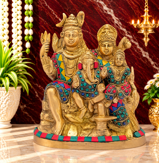 Brassaura® Brass Shiv Parivaar Statue with Antique Golden Brass Finish & Colorful Gemstone Inlay Work | Pure Superfine Brass Handcrafted Murti | Brass Statue for Home Temple, Pooja Room | Height 8 Inches | Weight 3.3 Kgs