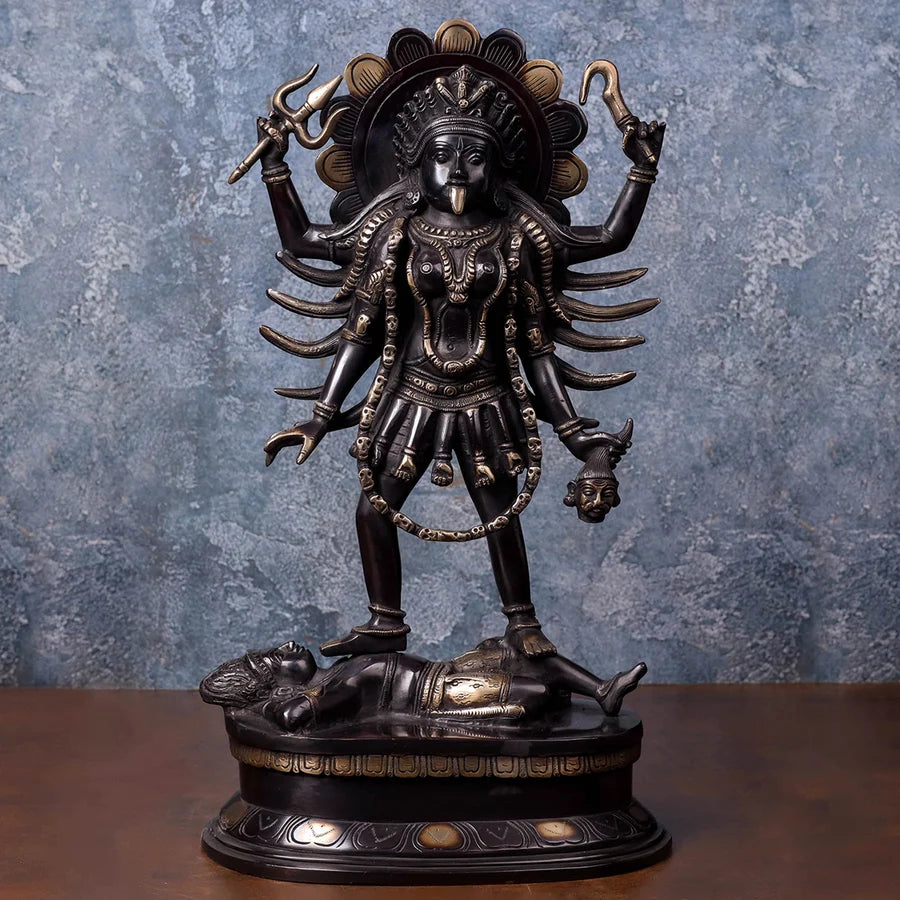 Brassaura® Maa Kali Standing Idol with Black Patina Finish | Pure Superfine Brass Handcrafted Murti | Brass Statue for Home Temple, Pooja Room | Height 20 Inches | Weight 10 Kgs