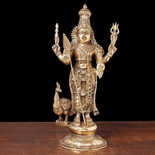 Brassaura® Kartikeya Murugan Standing Idol with Golden Finish | Pure Superfine Brass Handcrafted Murti | Brass Statue for Home Temple, Pooja Room | Height 20 Inches | Weight 10.3 Kgs