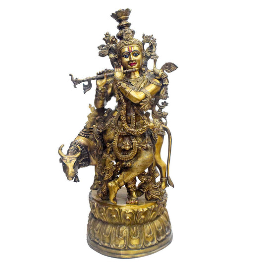 Brassaura® Brass Krishna Flute Player with Cow Statue | Height 45 Inches
