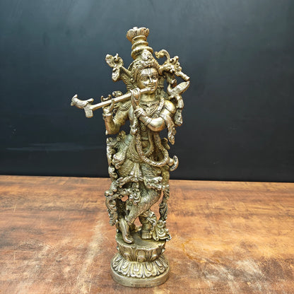 Brassaura® Brass Lord Krishna Playing Flute Statue | Handcrafted Standing Krishna Murti for Home Temple, Spiritual Décor & Gifting | 14 Inches | 4.4 Kg