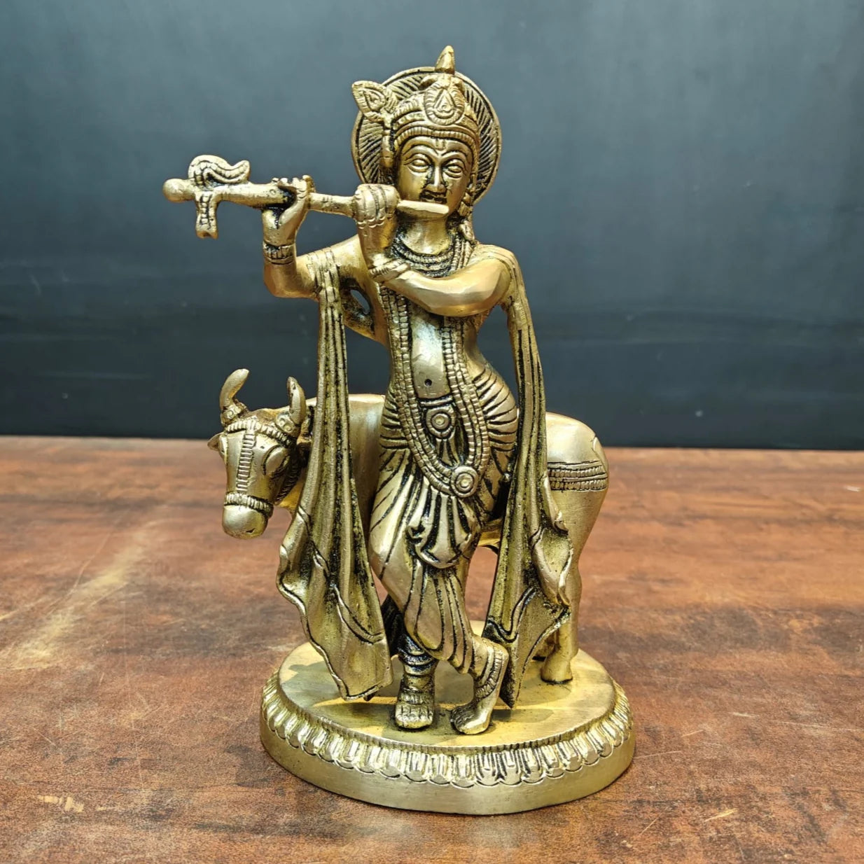 Brassaura® Brass Lord Krishna with Cow Statue | Handcrafted Premium Brass Krishna Cow Murti for Home Temple, Pooja & Spiritual Décor | Antique Brass Finish | 8.5 Inches | 2.6 Kg