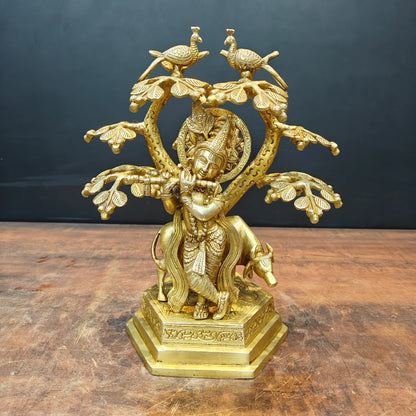 Brassaura® Brass Lord Krishna Playing Flute Under Tree with Cow Statue | Handmade Krishna Idol for Home Temple, Living Room & Spiritual Décor | 14 Inches | 6.5 Kg