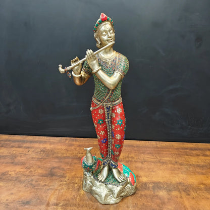 Brassaura® Handcrafted Brass Krishna Playing Flute Statue with Meenakari Art & Peacock | Large Lord Krishna Idol for Home Temple, Living Room & Office Décor | 29.5 Inches | 16 Kg