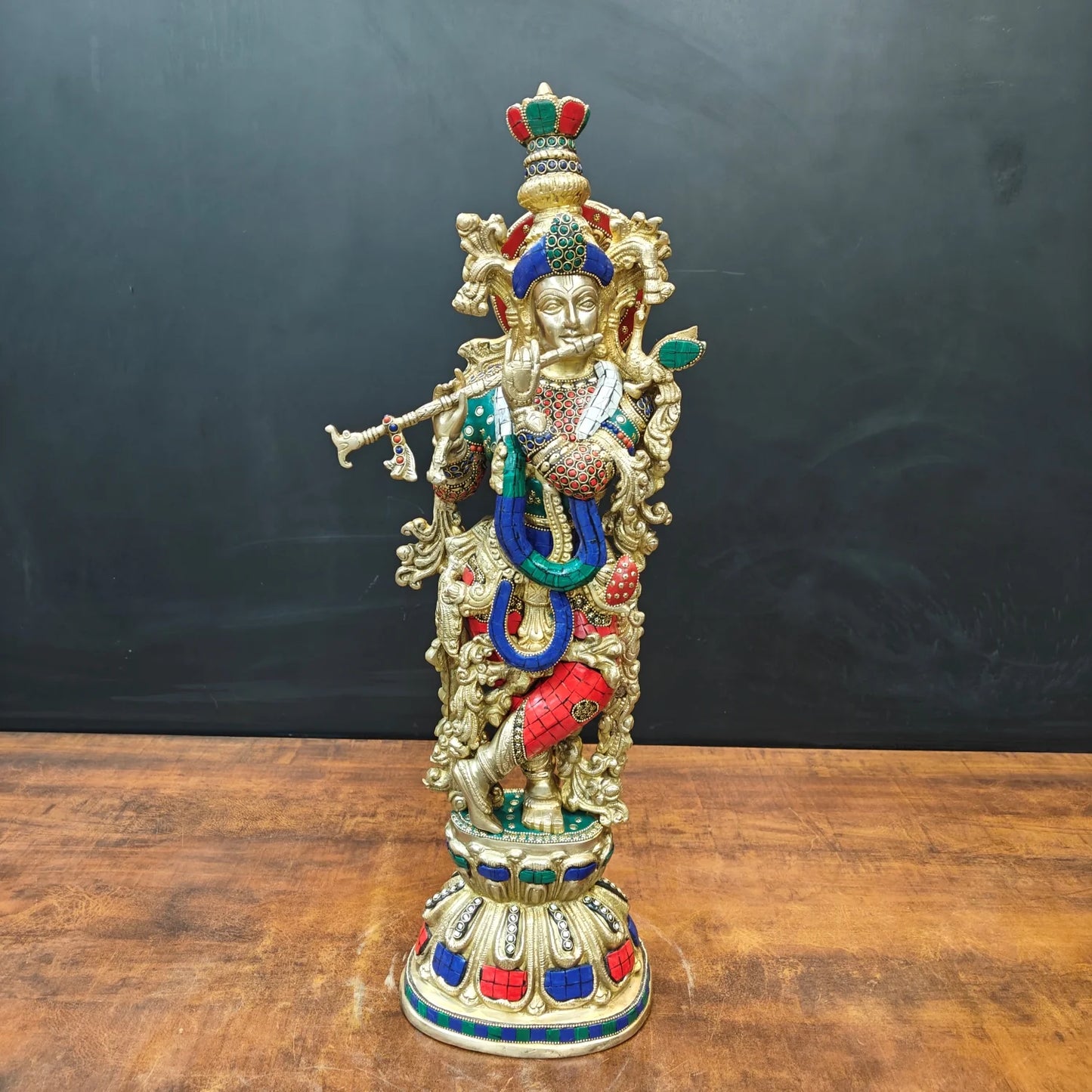 ब्रासोरा® वृंदावन वेणुगोपाल कृष्ण पीतल की प्रतिमा मोर के साथ | एंटीक नीला और सुनहरा रंग | ऊँचाई 20 इंच