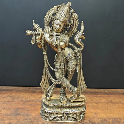 Brassaura® Brass Lord Krishna Idol | Handcrafted Muralidhara Krishna Playing Flute Statue | Premium Brass Home Temple, Living Room & Spiritual Décor | Height 23 Inches | 11.3 Kg