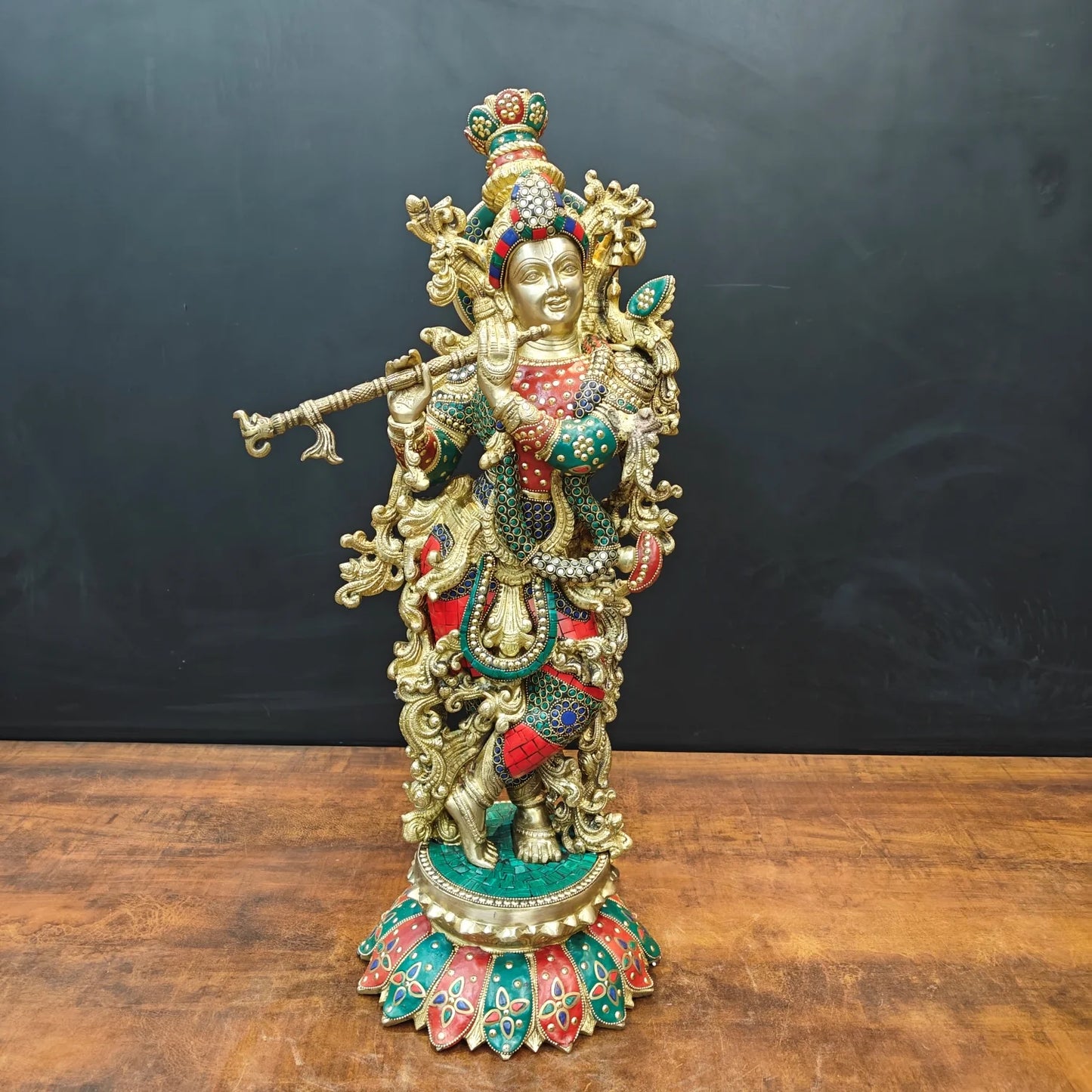 Brassaura® Handcrafted Brass Radha Krishna Statue with Meenakari Art | Large Lord Krishna Idol for Home Temple, Living Room & Office Décor | 27 Inches | 19 Kg