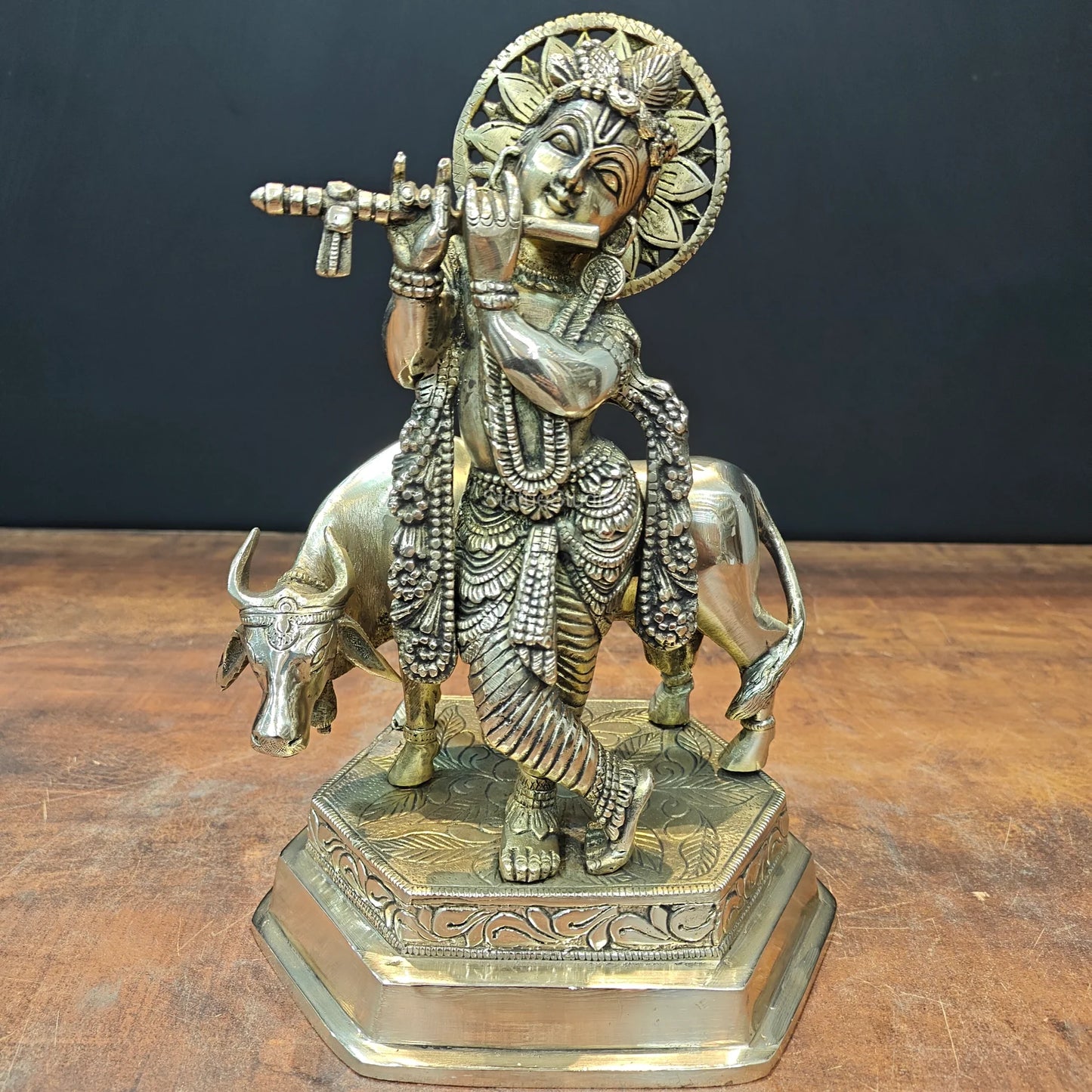 Brassaura® Brass Lord Krishna with Cow Idol | Handcrafted Krishna Playing Flute Statue | Pure Brass Spiritual Home Temple, Living Room & Pooja Décor | Height 12 Inches | 4.9 Kg