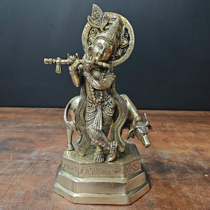 ब्रासोरा® वृंदावन वेणुगोपाल कृष्ण पीतल की प्रतिमा मोर के साथ | एंटीक नीला और सुनहरा रंग | ऊँचाई 20 इंच
