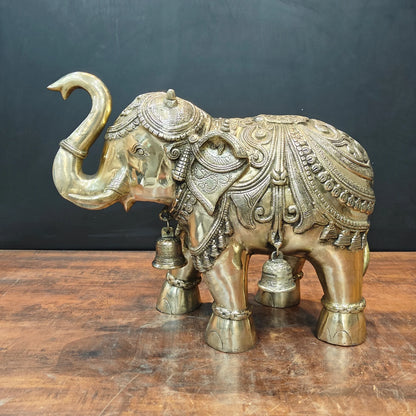 Brassaura® 19 Inch Brass Decorative Elephant Statue | Handmade Antique Brass Elephant Idol with Hanging Bells | Vastu Elephant for Home Décor, Temple, Office & Entrance | 30 Kg