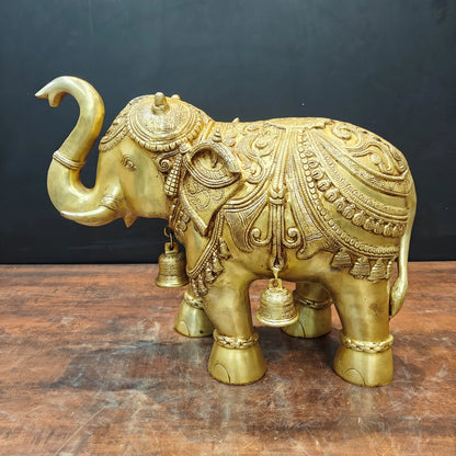 Brassaura® Handmade Brass Decorative Elephant Statue with Hanging Bells | Antique Brass Elephant Idol for Home Décor, Office, Temple & Entrance | Height 19 Inches | 30 Kg