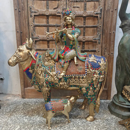 Brassaura® Brass Krishna with Kamadhenu & Calf Statue | Height 43 Inches