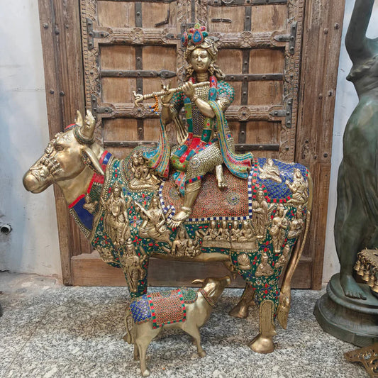 Brassaura® Brass Krishna with Kamadhenu & Calf Statue | Height 43 Inches