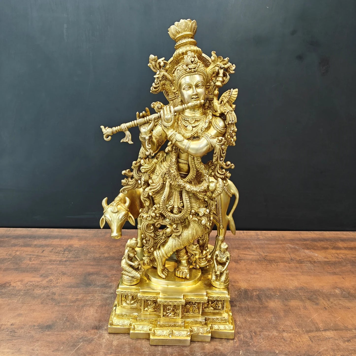 Brassaura® Lord Krishna with Cow Brass Statue | Divine Love & Eternal Harmony | Height 28 Inches & Weight 35 Kgs