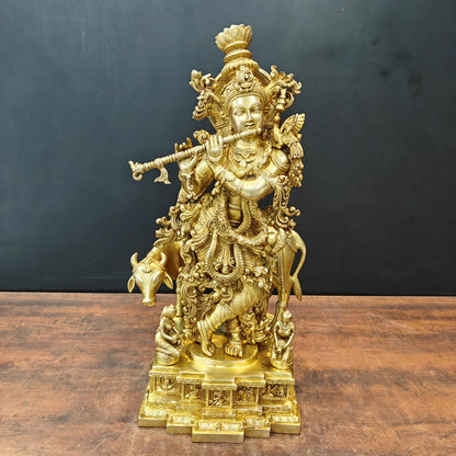 Brassaura® Lord Krishna with Cow Brass Statue | Divine Love & Eternal Harmony | Height 28 Inches & Weight 35 Kgs