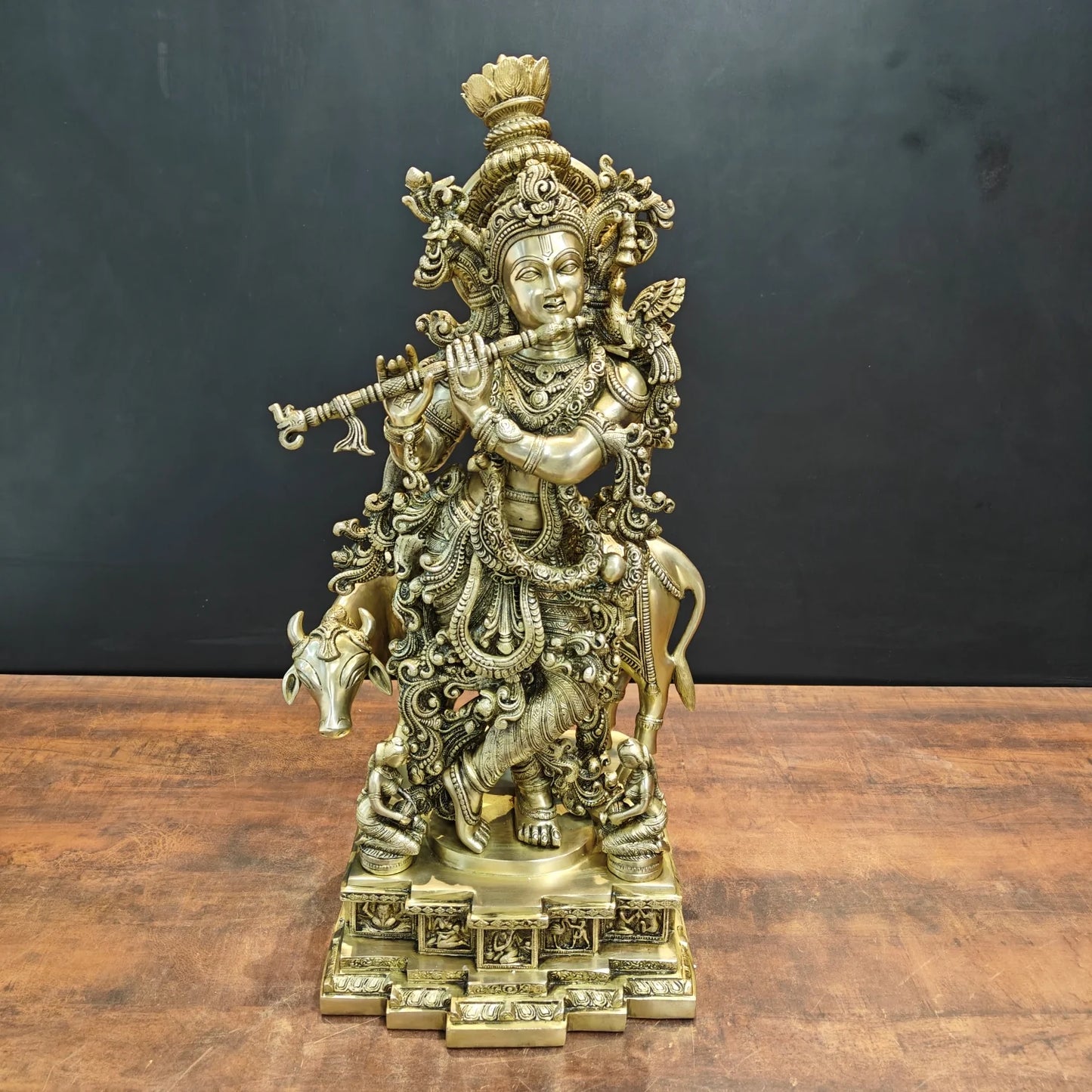Brassaura® Lord Krishna with Cow Brass Statue | Divine Love & Eternal Harmony | Height 28 Inches & Weight 35 Kgs