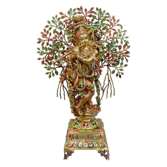 Brassaura® Brass Krishna Under Kalpavriksha Tree Statue | Height 34 Inches