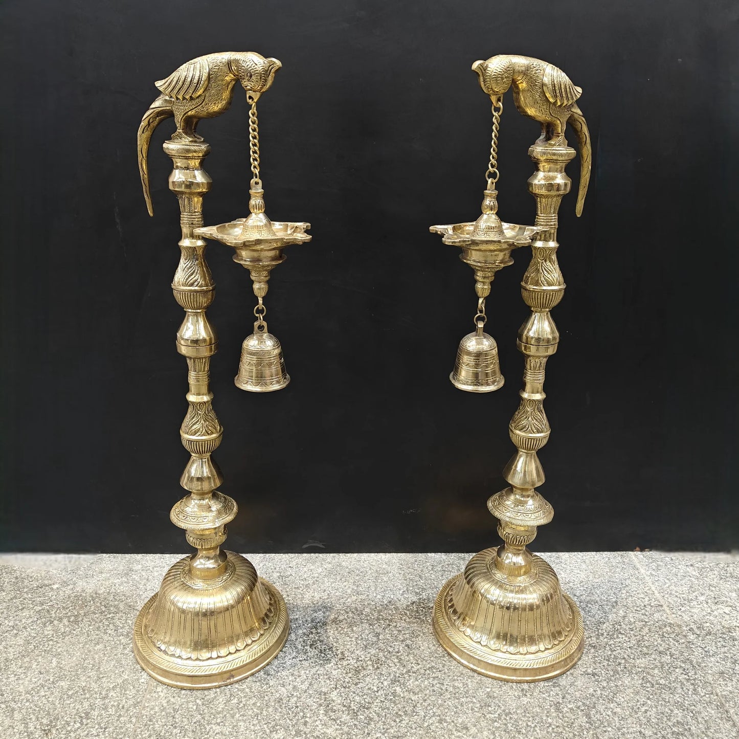 Brassaura® Brass Hanging Oil Lamp Set of 2 with Bird | Traditional Deepam Diya Pair for Home Temple, Pooja Room & Spiritual Décor | 38 Inches | 33 Kg
