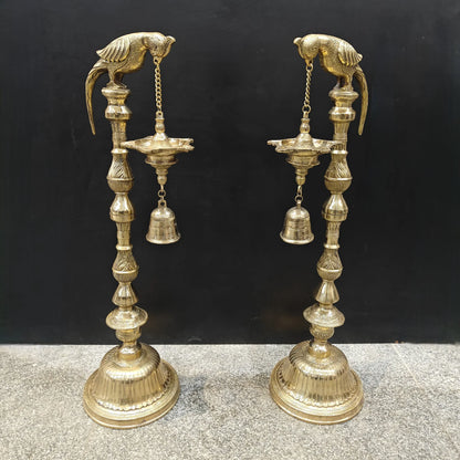 Brassaura® Brass Hanging Oil Lamp Set of 2 with Bird | Traditional Deepam Diya Pair for Home Temple, Pooja Room & Spiritual Décor | 38 Inches | 33 Kg