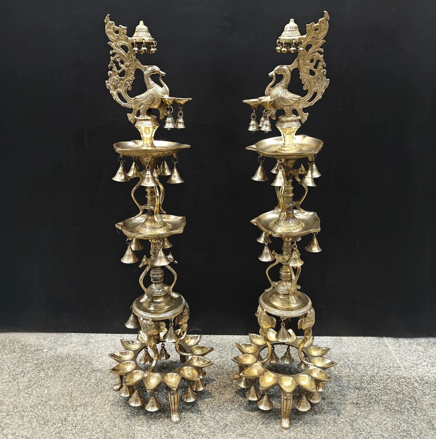 Brassaura® Traditional Brass Peacock Multi-Tier Oil Lamp Set of 2 | Decorative Deepam Diya Stand for Home Temple, Pooja & Spiritual Décor | 42 Inches | 30.5 Kg