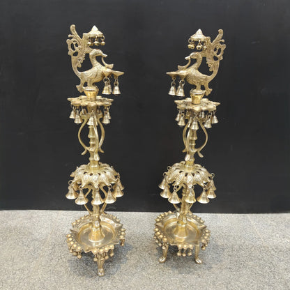 Brassaura® Brass Peacock Multi-Tier Oil Lamp Set of 2 | Traditional Decorative Deepam Diya Stand with Hanging Bells for Home Temple, Pooja & Spiritual Décor | 34 Inches | 21 Kg