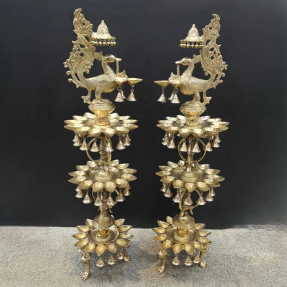 Brassaura® Traditional Brass Peacock Multi-Tier Oil Lamp Set of 2 | Decorative Deepam Diya Stand with Hanging Bells for Home Temple & Spiritual Décor | 49 Inches | 52 Kg