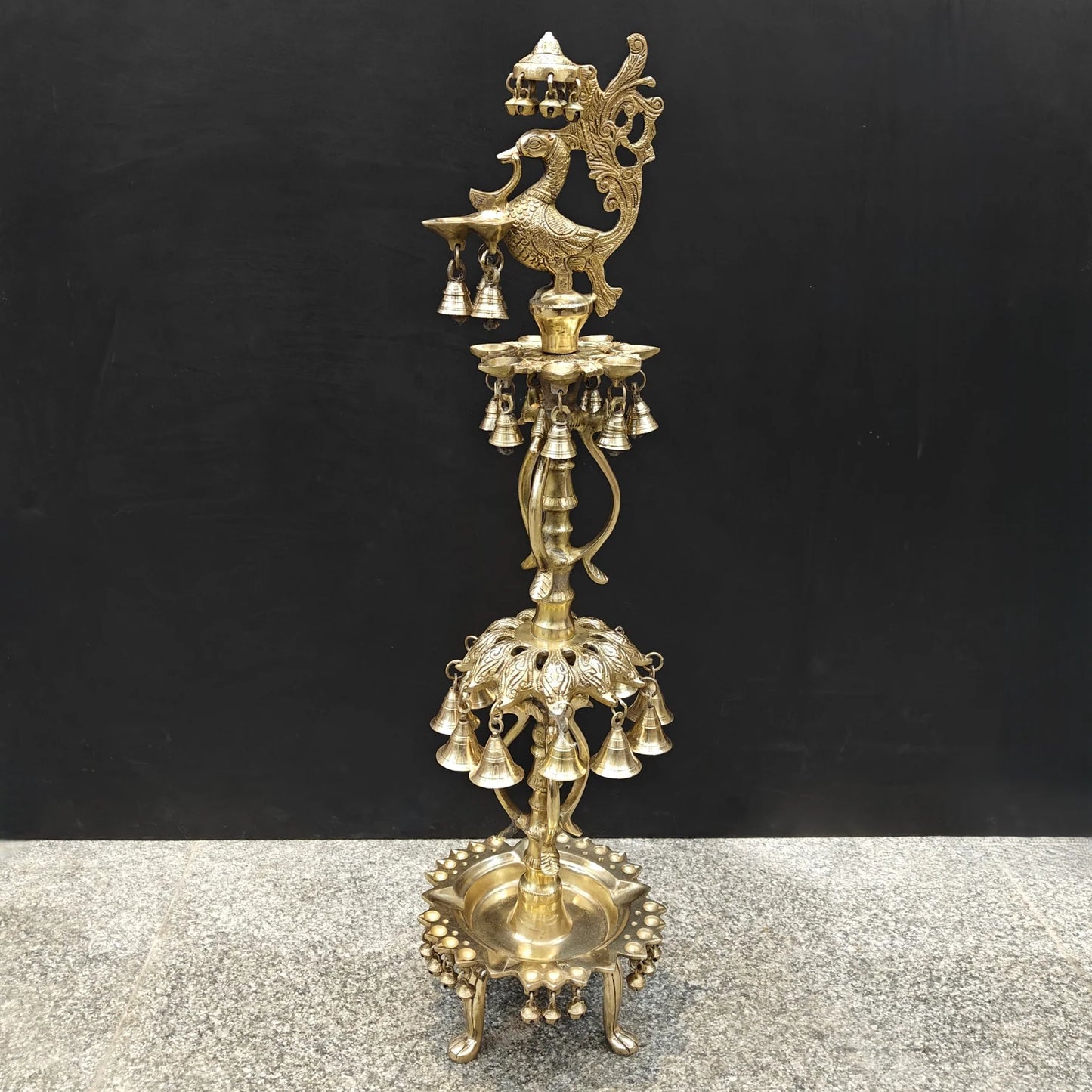 Brassaura® Traditional Brass Peacock Multi-Tier Oil Lamp | Decorative Deepam Diya Stand with Hanging Bells for Home Temple, Pooja & Spiritual Décor | 34 Inches | 10.5 Kg