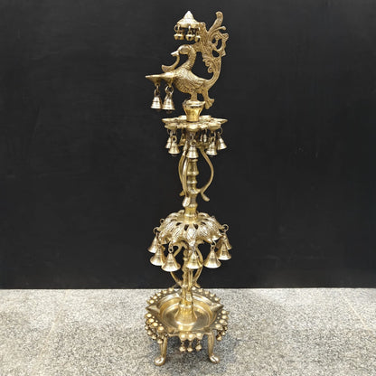 Brassaura® Traditional Brass Peacock Multi-Tier Oil Lamp | Decorative Deepam Diya Stand with Hanging Bells for Home Temple, Pooja & Spiritual Décor | 34 Inches | 10.5 Kg
