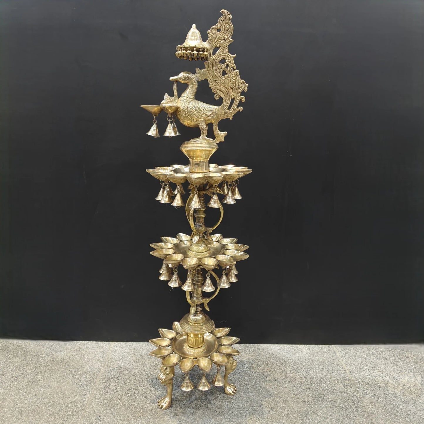 Brassaura® Traditional Brass Peacock Multi-Tier Oil Lamp | Decorative Deepam Diya Stand with Hanging Bells for Home Temple, Pooja & Spiritual Décor | 49 Inches | 26 Kg