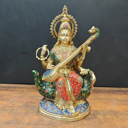 Brassaura® Brass Goddess Saraswati Idol with Meenakari Work & Veena | Handcrafted Decorative Saraswati Murti for Home Temple, Living Room & Spiritual Décor | 21 Inches | 27 Kg