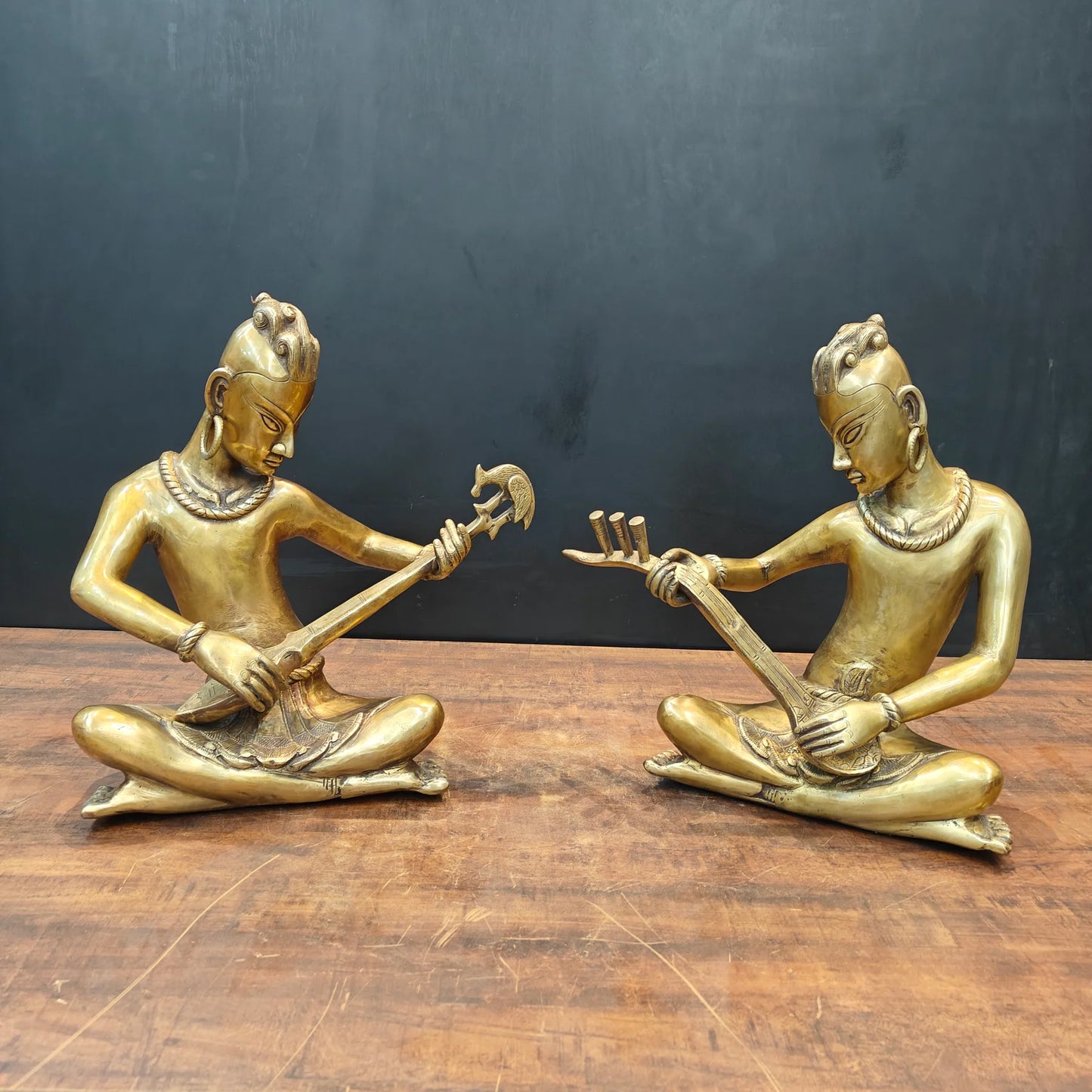 Brassaura® Brass Tribal Musician Statue Set of 2 | Handcrafted Indian Folk Musician Figurines | Traditional Brass Home Décor Showpiece | Height 18 Inches | 30 Kg