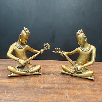 Brassaura® Brass Tribal Musician Statue Set of 2 | Handcrafted Indian Folk Musician Figurines | Traditional Brass Home Décor Showpiece | Height 18 Inches | 30 Kg