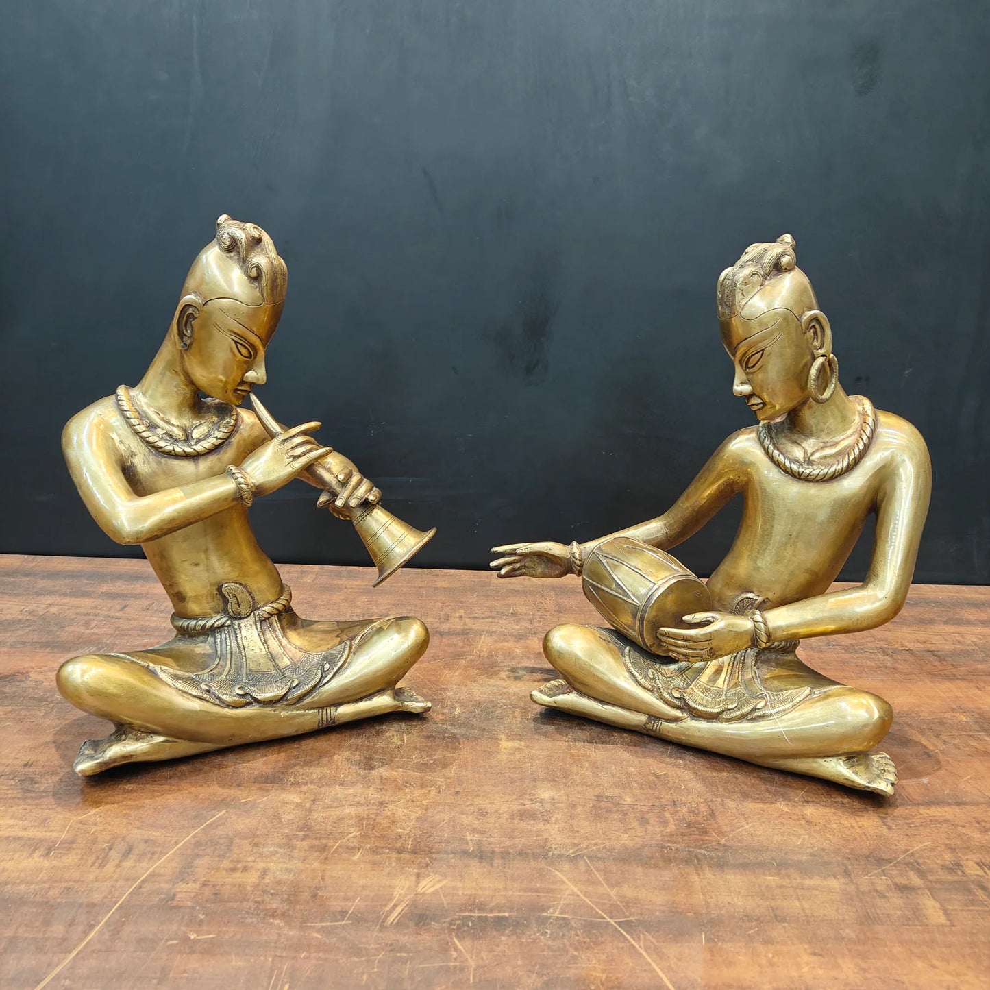Brassaura® Brass Tribal Musician Statue Set of 2 | Handcrafted Indian Folk Musician Figurines | Traditional Brass Home Décor Showpiece | Height 18 Inches | 30 Kg