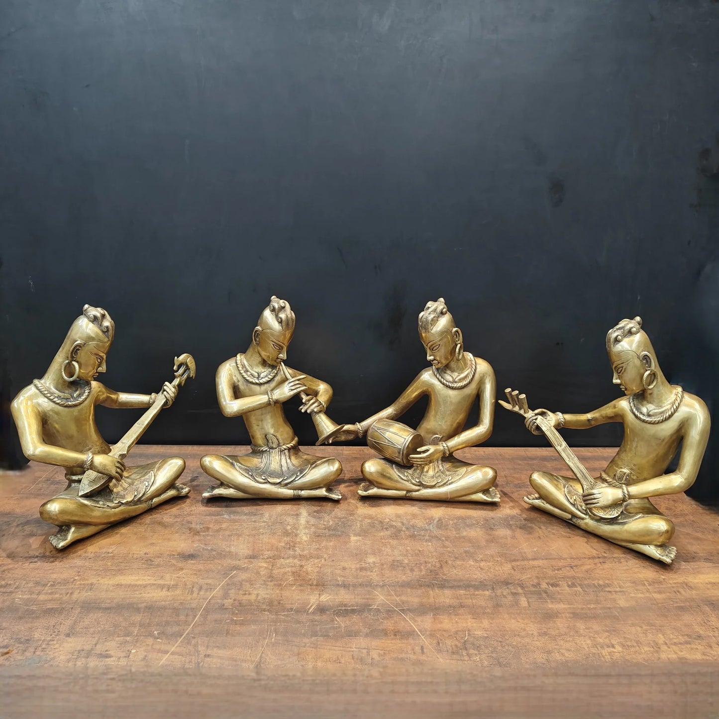 Brassaura® Brass Tribal Musician Statue Set of 4 | Handcrafted Musician Figurines | Traditional Indian Folk Art Home Décor | Height 18 Inches | 60 Kg