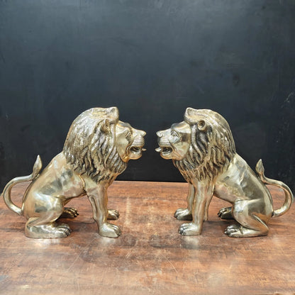 Brassaura® Pair of Brass Lion Statues | Majestic Lion Sculpture Set for Home Entrance, Office, Hotel & Luxury Décor | Handcrafted Brass Art | Antique Gold Finish | 22 Inches | 58 Kg