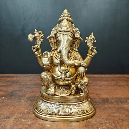 Brassaura® Brass Lord Ganesha Statue | Seated Ganpati Bappa Idol for Wisdom, Success & Prosperity | Premium Brass Sculpture for Home Temple & Spiritual Décor | 15 Inches | 13 Kg
