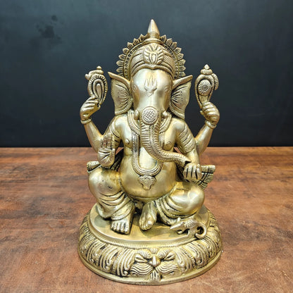 Brassaura® Brass Sitting Ganesha Statue | Lord Ganpati Idol for Home Temple, Pooja Room & Spiritual Décor | Handcrafted Brass Murti | 11 Inches | 6 Kg