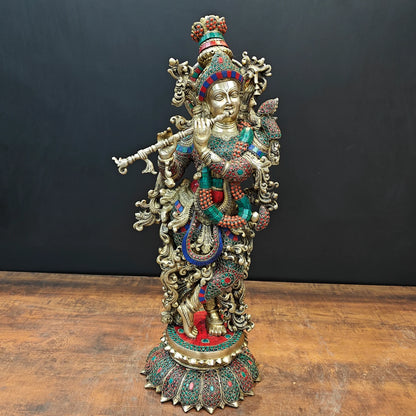 ब्रासोरा® वृंदावन वेणुगोपाल कृष्ण पीतल की प्रतिमा मोर के साथ | एंटीक नीला और सुनहरा रंग | ऊँचाई 20 इंच