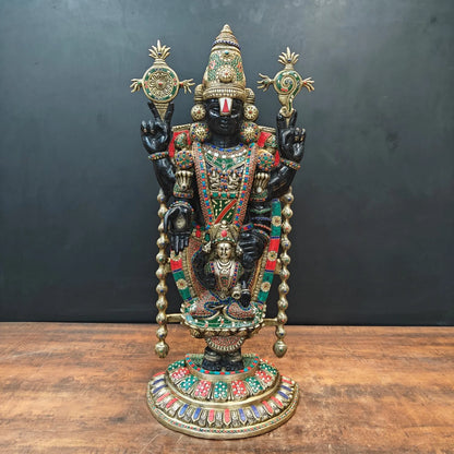 ब्रासोरा® वृंदावन वेणुगोपाल कृष्ण पीतल की प्रतिमा मोर के साथ | एंटीक नीला और सुनहरा रंग | ऊँचाई 20 इंच