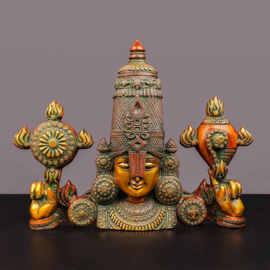 Brassaura® Lord Venkateshwara Tirupati Balaji Face Wall Hanging with Multi-Color Finish | Pure Superfine Brass Handcrafted Murti | Brass Statue for Home Temple, Pooja Room | Height 15 Inches | Weight 10.7 Kgs