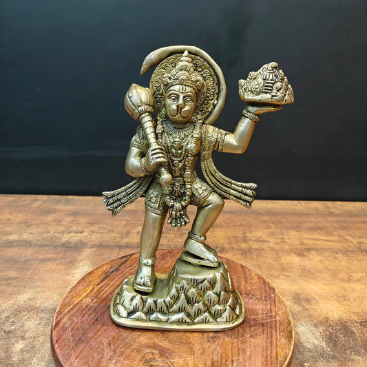 Brassaura® Brass Lord Hanuman Idol | Veer Hanuman Carrying Sanjeevani Mountain with Gada | Sacred Brass Sculpture for Home Temple, Spiritual Décor & Gifting | 9 Inches | 1.9 KgV