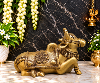 Brassaura® Seated Nandi Bull Statue | Antique Finish Brass Sculpture | Height 10 Inches & Weight 3.52 Kgs
